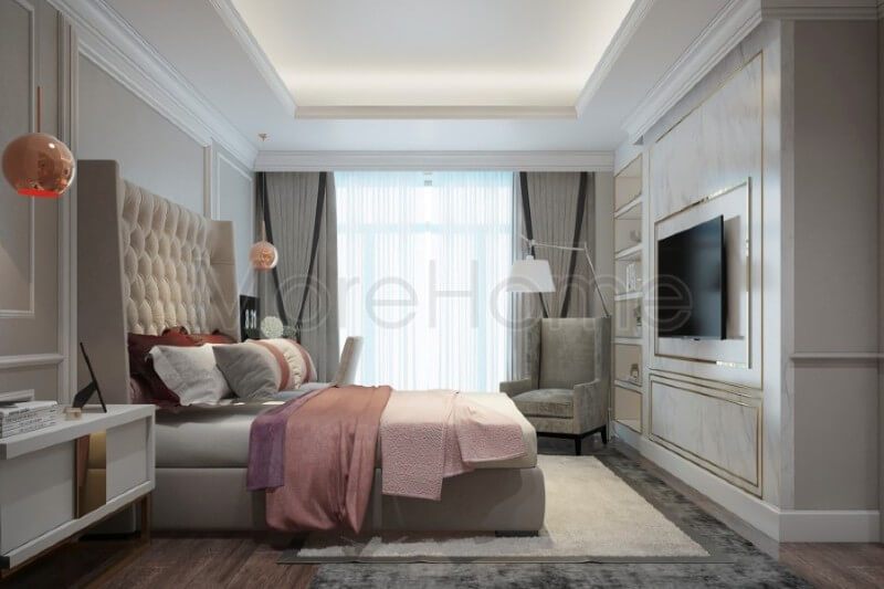 . Sự đồng bộ và liền mạch của tone màu trắng được sử dụng trong thiết kế phòng ngủ chung cư giúp tạo nên một phong cách tân cổ điển rõ ràng.
